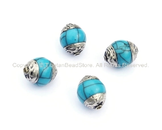 4 BEADS - Tibetan Blue Crackle Resin Beads with Tibetan Silver Caps - Nepal Tibetan Beads Pendants Jewelry - TibetanBeadStore B905-4