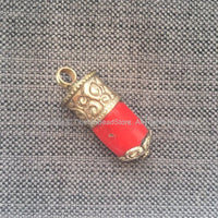 Ethnic Tribal Tibetan Coral Stick Pendant with Tibetan Silver Repousse Floral Repousse Caps - 16mm x 44mm - Red Coral Pendant - WM7445E