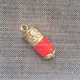Ethnic Tribal Tibetan Coral Stick Pendant with Tibetan Silver Repousse Floral Repousse Caps - 16mm x 44mm - Red Coral Pendant - WM7445E