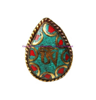 Handmade Tibetan OM Mantra Tibetan Ring with Turquoise, Coral Inlays - Ethnic Ring Boho Ring Nepal Ring Statement Ring- R320