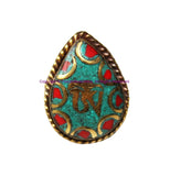 Handmade Tibetan OM Mantra Tibetan Ring with Turquoise, Coral Inlays - Ethnic Ring Boho Ring Nepal Ring Statement Ring- R320