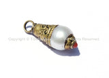 2 PENDANTS Tibetan Pearl Charm Drop Pendants with Repousse Brass Caps & Colored Coral Accent - TibetanBeadStore Charms, Pendants- WM2037-2