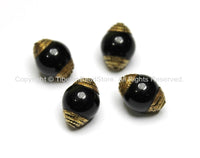 4 BEADS - Tibetan Black Onyx Beads with Brass Caps - Ethnic Nepal Tibetan Artisan Handmade Beads -  B1808-4