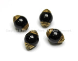 4 BEADS - Tibetan Black Onyx Beads with Brass Caps - Ethnic Nepal Tibetan Artisan Handmade Beads -  B1808-4