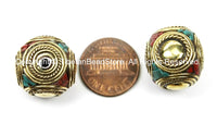 2 BEADS LARGE BIG Nepal Tibetan Beads- Brass Cube Box Shape Beads - Brass, Turquoise, Coral Inlays- TibetanBeadStore Tibetan Beads - B2773-2
