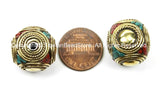 2 BEADS LARGE BIG Nepal Tibetan Beads- Brass Cube Box Shape Beads - Brass, Turquoise, Coral Inlays- TibetanBeadStore Tibetan Beads - B2773-2