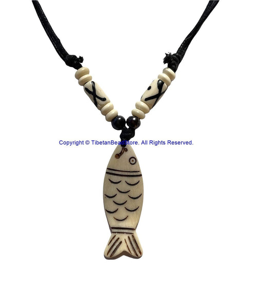 Handmade Fish Design Carved Bone Pendant Necklace on Adjustable Cord with Bead Accents - Ethnic Tribal Necklace Boho Yoga Jewelry - HC166iA