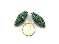 2 BEADS Tibetan Bicone Beads with Brass & Turquoise Inlays by TibetanBeadStore - Turquoise Beads Brass Inlay Beads Nepal Beads B3320-2