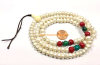 Ethnic Tibetan Natural Freshwater Pearl Mala Prayer Beads with Metal Ring, Turquoise & Coral Colored Glass Spacers - Buddhist Malas - PB204