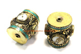 2 BEADS - LARGE Barrel Shape Tube Tibetan Brass Beads with Turquoise and Mother of Pearl Shell Inlays - Ethnic Tibetan Focal Beads- B3351-2