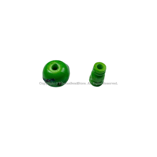 Green Inlaid Bone 3 Hole Guru Bead & Cap Set - Tibetan Guru Bead Supplies - Handmade - GB87B-1