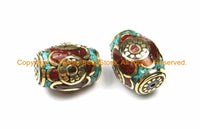 1 BEAD - Tibetan Thick Bicone Bead with Brass, Turquoise & Coral Inlays - Box Rectangular Bicone Barrel Drum Shape Beads - B3133-1