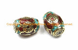 1 BEAD - Tibetan Thick Bicone Bead with Brass, Turquoise & Coral Inlays - Box Rectangular Bicone Barrel Drum Shape Beads - B3133-1