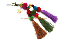 Luxury Pom Pom Tassels - Handmade Multi-colored Pom Pom Long Silk Tassels with Spring Clip - Boho Long Tassels - Bag Tassels - BK26Z