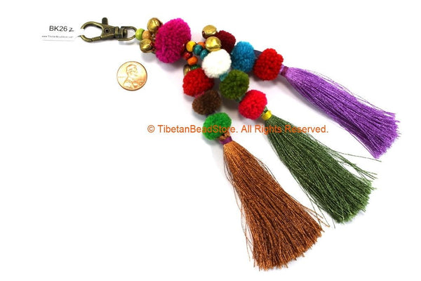 Luxury Pom Pom Tassels - Handmade Multi-colored Pom Pom Long Silk Tassels with Spring Clip - Boho Long Tassels - Bag Tassels - BK26Z