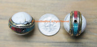 Ethnic Tibetan Naga Conch Shell Bead with Brass Rings, Turquoise & Coral Inlays - 1 BEAD - Artisan Handmade Beads - B1887-1