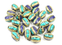 2 BEADS Nepal Tibetan Beads with Brass, Turquoise, Lapis Inlays - TibetanBeadStore - Brass Inlay Beads Nepal Tibetan Beads B2752-2