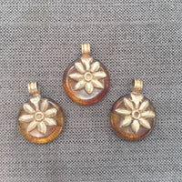 Tibetan Amber Copal Resin Round Pendant with Repousse Floral Tibetan Silver Bail - Tibetan Amber Pendant - Handmade Tibetan Jewelry - WM7862