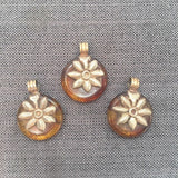 Tibetan Amber Copal Resin Round Pendant with Repousse Floral Tibetan Silver Bail - Tibetan Amber Pendant - Handmade Tibetan Jewelry - WM7862