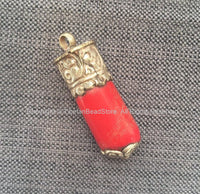 LARGE Ethnic Tribal Tibetan Coral Stick Pendant with Tibetan Silver Repousse Floral Repousse Caps - Handmade Red Coral Pendant - WM7445A