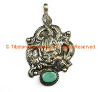Ethnic Tribal Antique Look Repousse Tibetan Dragon Pendant with Turquoise Inlay - TibetanBeadStore - Handmade - Unisex Jewelry - WM7209