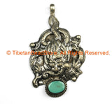 Ethnic Tribal Antique Look Repousse Tibetan Dragon Pendant with Turquoise Inlay - TibetanBeadStore - Handmade - Unisex Jewelry - WM7209