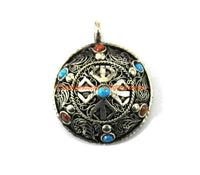 Ethnic Nepal Tibetan Double Vajra Pendant with Filigree Details, Colored Bead Inlays - Jewelry Supplies Pendant - TibetanBeadStore - WM7276
