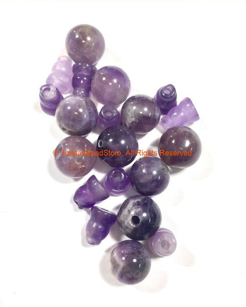 2 SETS - Tibetan Amethyst Guru Bead Sets - 3 Hole Guru Beads Gemstone Guru Beads Tibetan Prayer Beads Mala Making Supply - GB26B-2