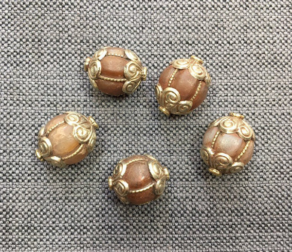 2 BEADS Ethnic Tibetan Carnelian Beads with Repousse Metal Caps & Wires - Melon Cut Carnelian Beads - Tibetan Focal Beads - B3352-2