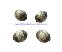 4 BEADS - BIG Tibetan White Crackle Resin Beads With Tibetan Silver Caps - Tibetan Beads - Ethnic Beads - B700B-4