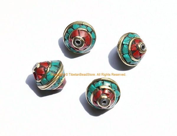 4 BEADS Nepalese Bicone Beads with Brass, Turquoise & Coral Inlays - Brass Inlaid Nepal Tibetan Beads - 12mm x 10mm - B3131-4