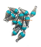 2 PENDANTS - Tibetan Turquoise Resin Drop Charm Pendant with Tibetan Silver Caps and Coral Accent - Ethnic Turquoise Drops - WM4008S-2