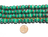 20 BEADS 10mm Tibetan Green Color Bone Beads with Turquoise, Coral & Metal Inlays- Ethnic Nepal Tibetan Green Bone Beads- LPB148-20