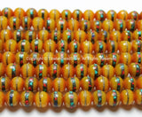 50 BEADS - 8mm wide Tibetan Amber Beads with Turquoise, Coral & Metal Inlays - 8mm Inlaid Amber Color Resin Beads - LPB16S-50