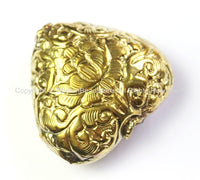 Big Tibetan Bead - Repousse Carved Brass Lotus Floral Heart-Shape Pendant Tibetan Bead - 1 BEAD Artisan Handmade Tibetan Beads - B2398-1