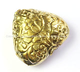 Big Tibetan Bead - Repousse Carved Brass Lotus Floral Heart-Shape Pendant Tibetan Bead - 1 BEAD Artisan Handmade Tibetan Beads - B2398-1