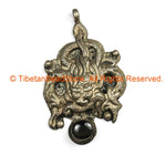 Ethnic Tribal Antique Look Repousse Tibetan Dragon Pendant with Gemstone Inlay - TibetanBeadStore - Handmade - Unisex Jewelry - WM7232