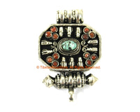 Tibetan Ghau Amulet Prayer Box Pendant with Turquoise & Coral Inlays - 1 PENDANT - 25mm x 40mm - Handmade Ethnic Tibetan Jewelry - WM7703