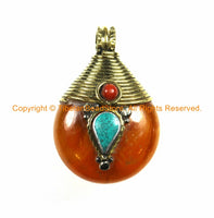 2 PENDANTS Reversible Ethnic Tibetan Amber Color Resin Pendants with Brass Wire Cap, White Metal, Turquoise & Coral Inlays - WM3749B-2
