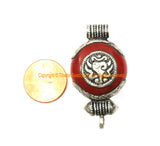 Small Ethnic Tibetan Red Resin Ghau Amulet Charm Pendant with Tibetan Silver Caps, Repousse Auspicious Conch & Bead Inlay Accent - WM7956