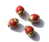 4 BEADS - Small Tibetan Red Jade Beads with Brass Caps - 7mm x 10mm - Ethnic Nepal Tibetan Artisan Handmade Beads - B1826-4