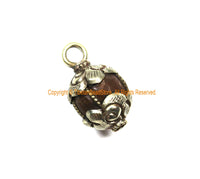 Ethnic Tibetan Old Carnelian Melon-Shaped Drop Charm Pendant with Tibetan Silver Wire Inlay & Repousse Floral Caps - WM7985D