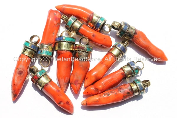 Tibetan Coral Stick Pendant with Brass Cap, Turquoise & Lapis Inlays - Ethnic Nepal Tibetan Coral Horn Stick Jewelry - WM6079