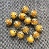 1 BEAD Tibetan Amber Beads - Big Amber Color Resin Bead with Repousse Floral Tibetan Silver Metal Caps - Ethnic Tribal Beads - B3234-1