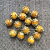 1 BEAD Tibetan Amber Beads - Big Amber Color Resin Bead with Repousse Floral Tibetan Silver Metal Caps - Ethnic Tribal Beads - B3234-1