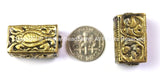 Repousse Carved Brass Rectangular Box-Shaped Tibetan Bead with Bug Beetle & Floral Details - 1 Bead - Handmade Tibetan Pendant Beads - B2439