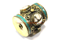 2 BEADS - LARGE Barrel Shape Tube Tibetan Brass Beads with Turquoise and Mother of Pearl Shell Inlays - Ethnic Tibetan Focal Beads- B3351-2