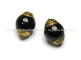 2 BEADS - Tibetan Black Onyx Beads with Brass Caps - Ethnic Nepal Tibetan Artisan Handmade Beads -  B1808-2