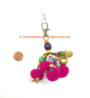 Beautiful Ethnic Tribal Handmade Multi-colored Pom Pom Tassels with Spring Clip - Boho Tassels Bag Accessories Quality Tassels - BK25F