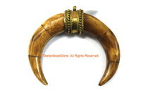 Brown Bone Tibetan Design U-Shaped Crescent Horn Pendant with Gold Toned Brass - Boho Tibetan Crescent Shape Bone Horn Pendant - WM7302
